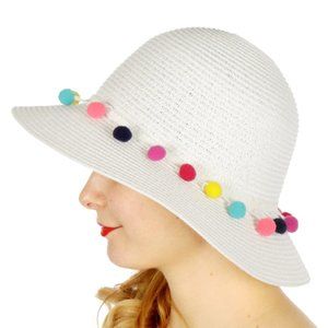 Womens Summer Sunhat Wide Brim Boho Cruise Pom pom White Floppy Bucket Hat